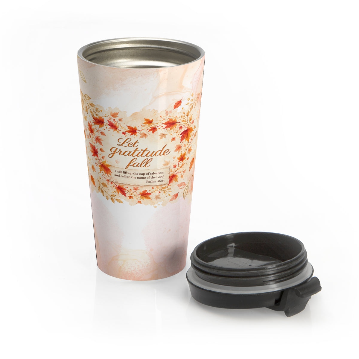 Let Gratitude Fall Christian Autumn Travel Mug | Psalm 116:13 | 15 oz Stainless Steel Lidded Mug