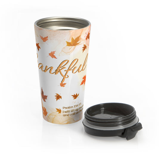 Thankful Christian Autumn Travel Mug | Psalm 116:13 | 15 oz Stainless Steel Lidded Mug