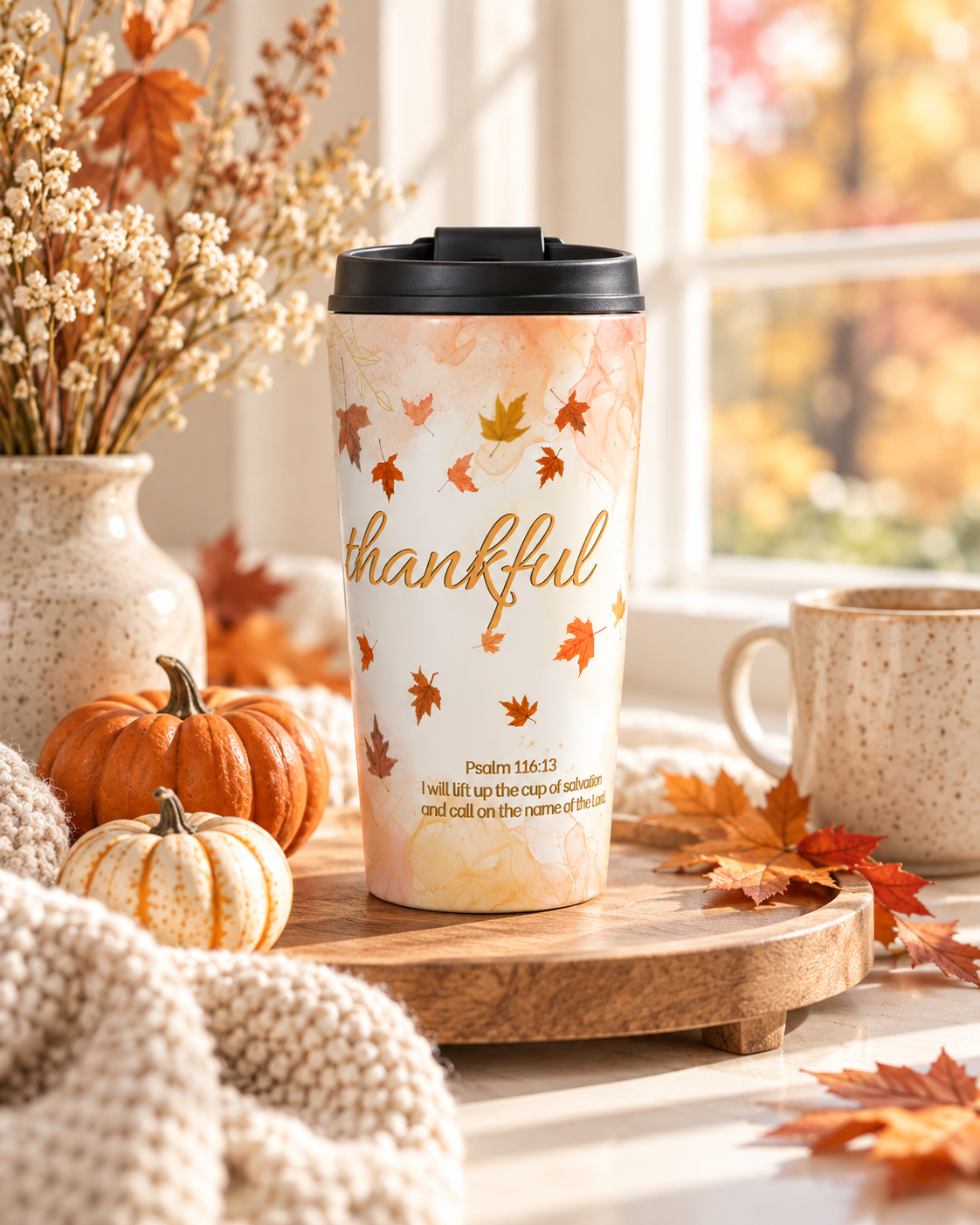Thankful Christian Autumn Travel Mug | Psalm 116:13 | 15 oz Stainless Steel Lidded Mug